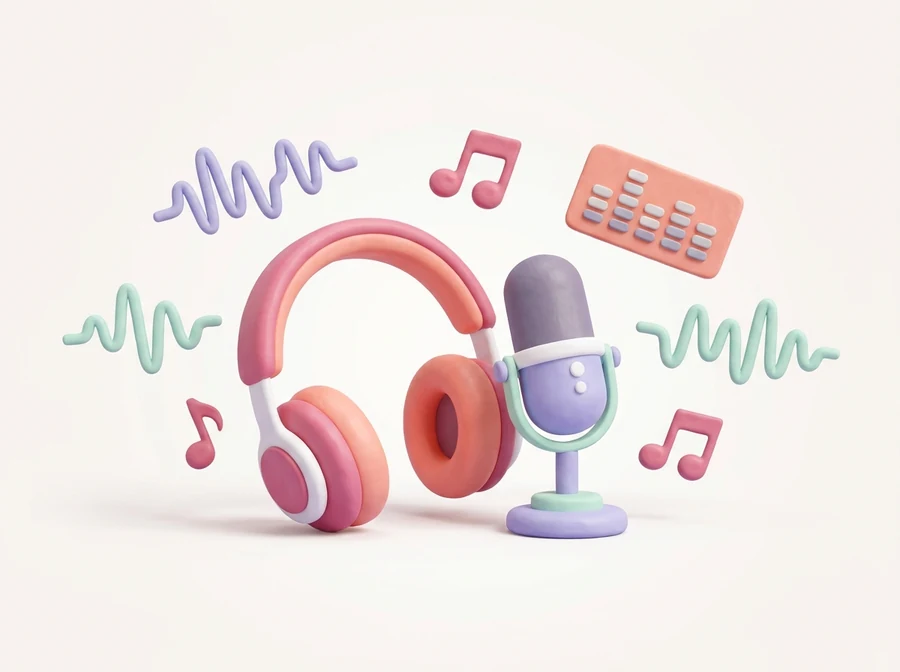 ヘッドホンとマイク、音の波形と音符のイラスト
