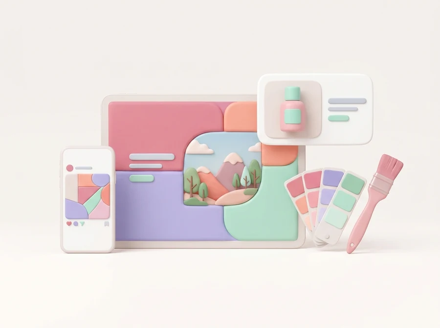 タブレットとスマホに表示された SNS 用のバナーと、商品画像のカード、カラーパレット、筆のイラスト