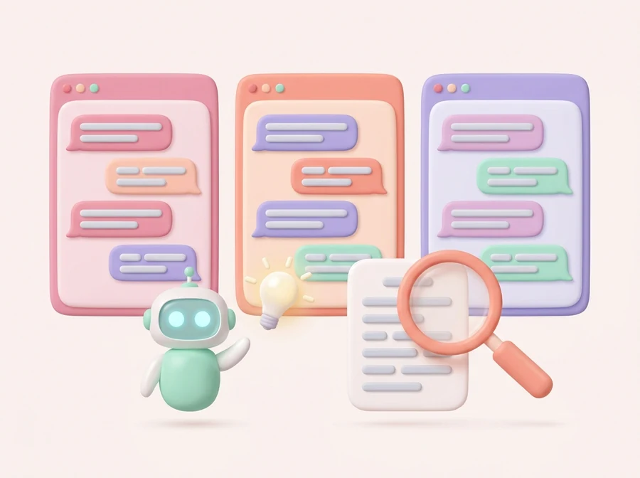 色違いの 3 つのチャット画面と、小さなロボット、電球、虫めがねと書類のイラスト