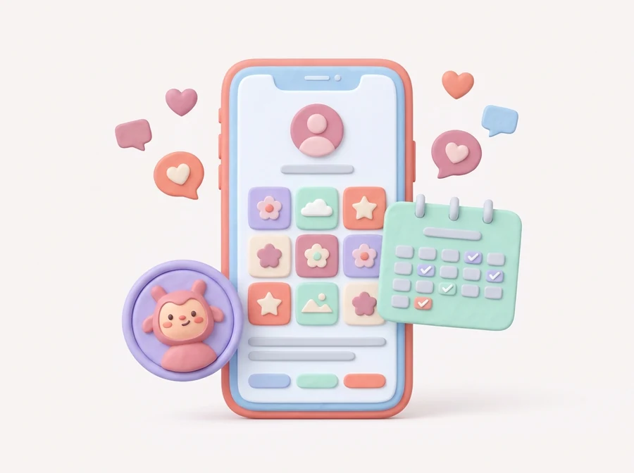 スマホに表示された SNS のプロフィール画面と投稿の一覧、ハートやコメントの吹き出し、予定表、キャラクターのアイコンのイラスト