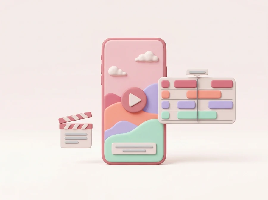 再生ボタンと字幕の帯が出たスマホの縦長動画と、動画編集のタイムライン、カチンコのイラスト